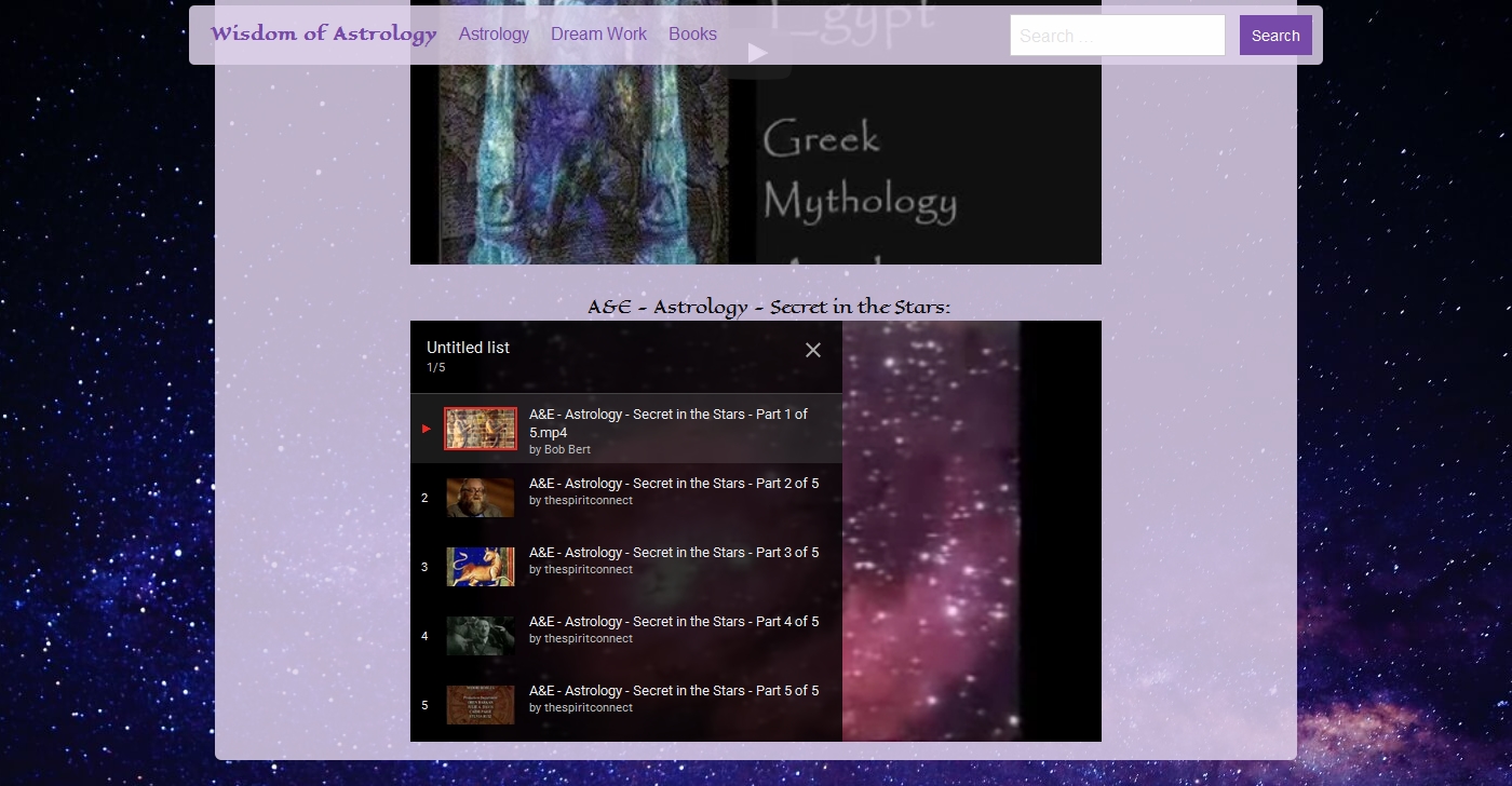 The Astrology Videos page, with YouTube integration.